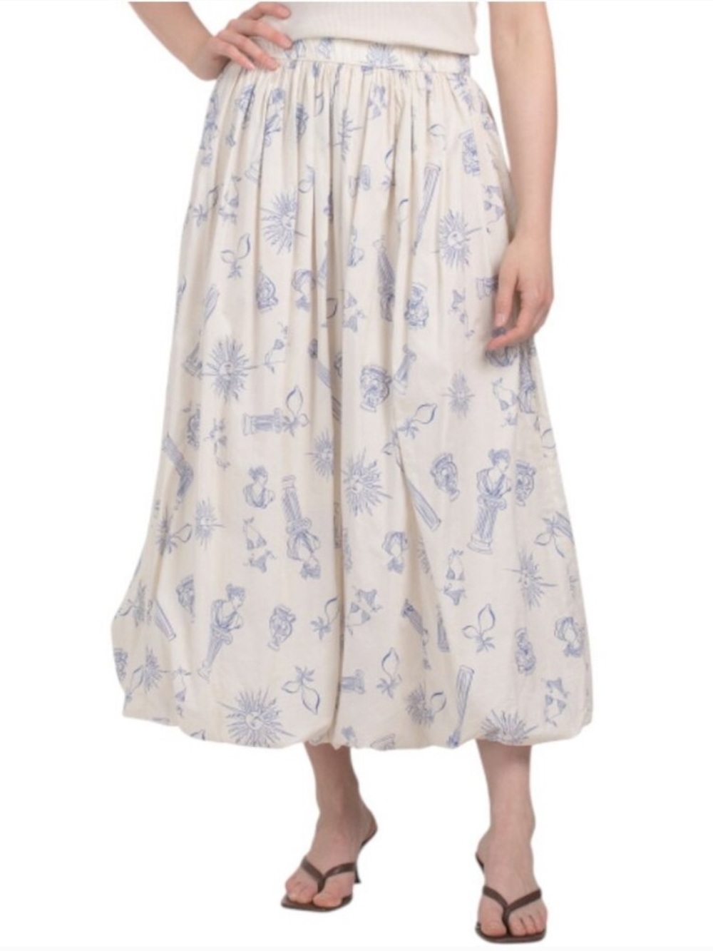 Lucky Brand Blue Celestial Greek Toile Print Bubble Hem Midi Skirt Size XL
